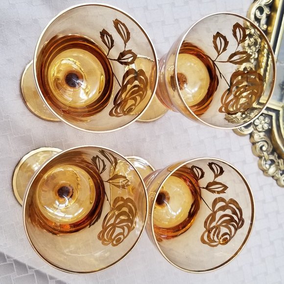 Toscany 4 Amber Stemware with Gold Rose Design - Picture 2 of 5